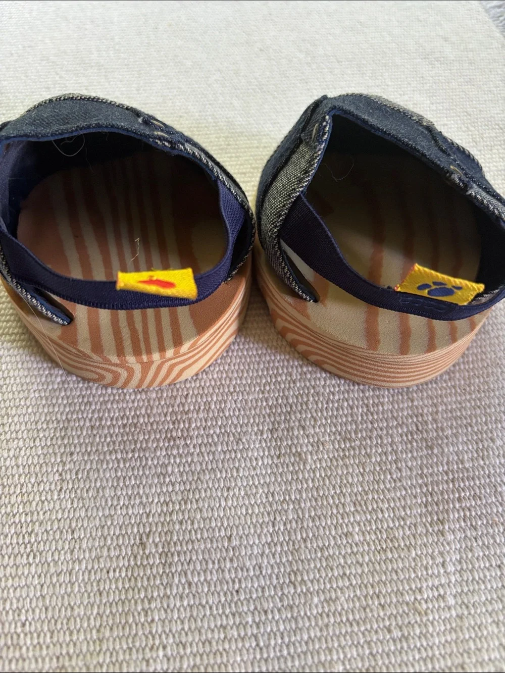 Build-A-Bear Workshop denim patchwork sandals featuring studs & faux wood soles.